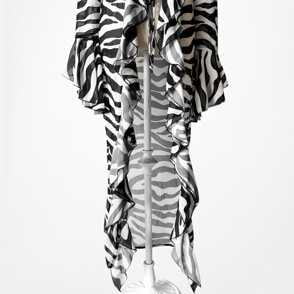 Black White Zebra Print Long Bell Sleeves Ruffle Maxi Cardigan Dress Size S - Picture 7 of 9
